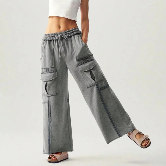 Dark Grey Casual Women's Vacation Knitted Pleated Pocket Palazzo Pants - Picture 1 of 7